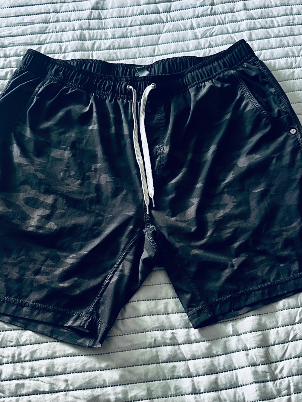 Vuori Black Camo Swim Trunks with White Drawstring